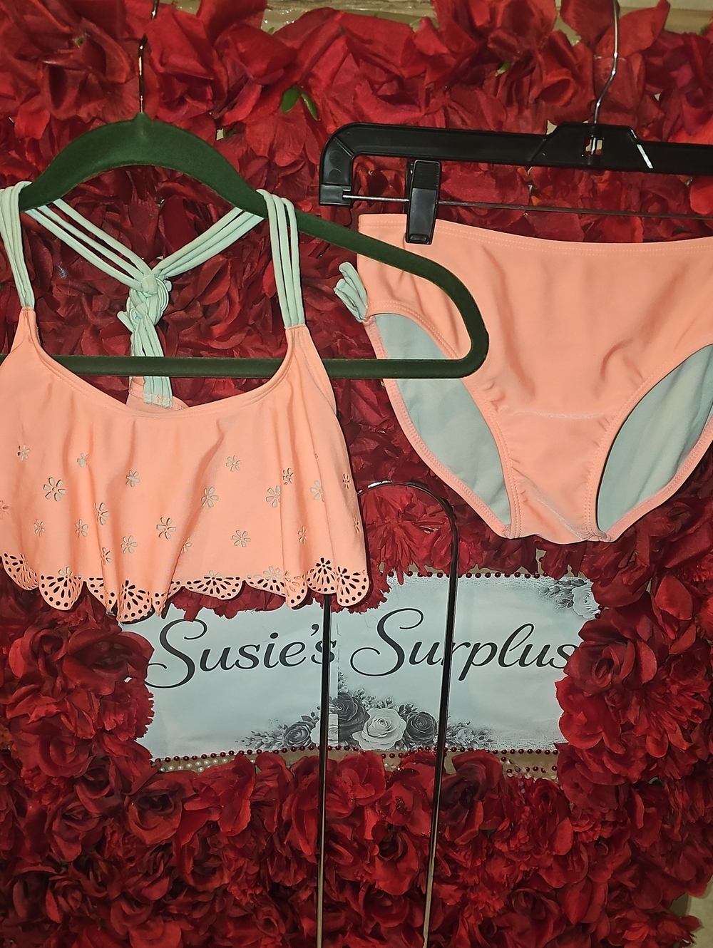 Cat & Jack Girls Peach Bikini Set with Mint Straps Size 10/12